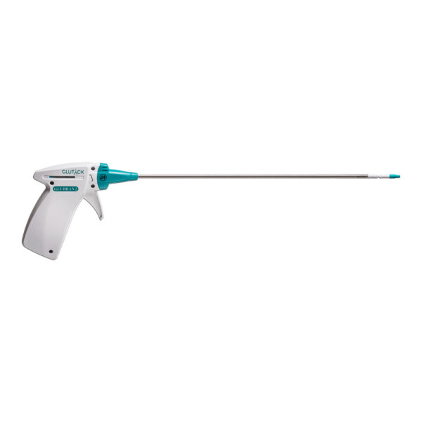 Dispositivo Glutack® para fijación de malla de hernia, aplicador ergonómico con punta articulada 0–90°.